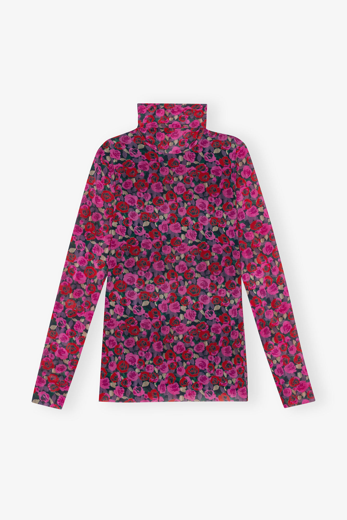 Floral Mesh Long Sleeve Roll Neck Bluse, Recycled Nylon, in colour Fiji Flower - 1 - GANNI