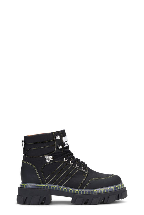 Ganni 50mm Recycled Fabric Hiking Boots In Black