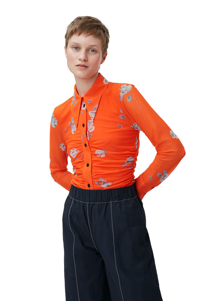 Orange Printed Mesh Ruched Shirt, Orangeade
