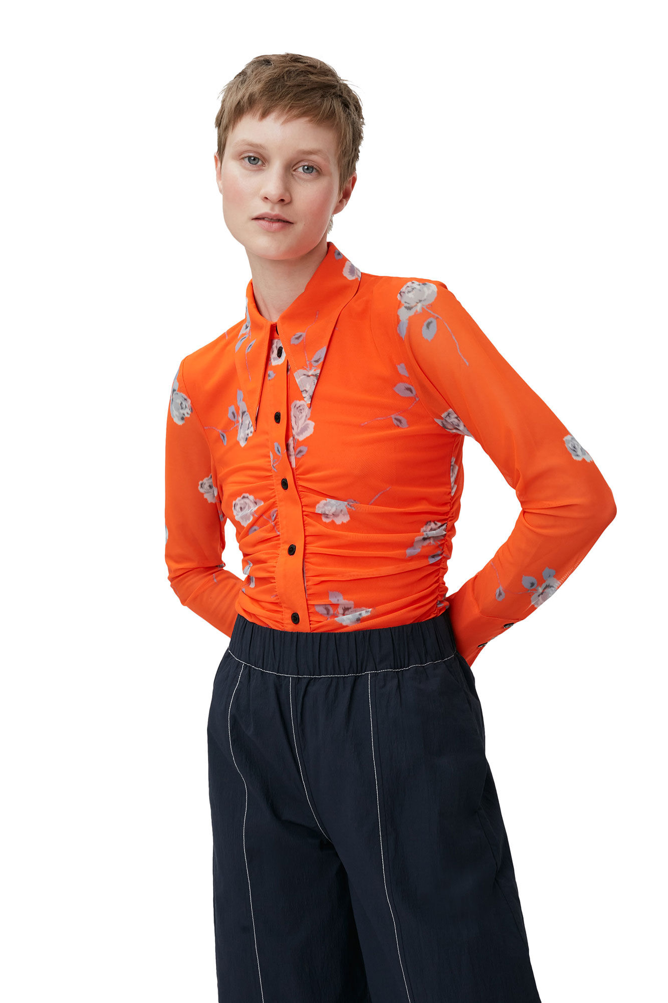 Orange Printed Mesh Ruched Shirt, Recycled Nylon, in colour Orangeade - 1 - GANNI