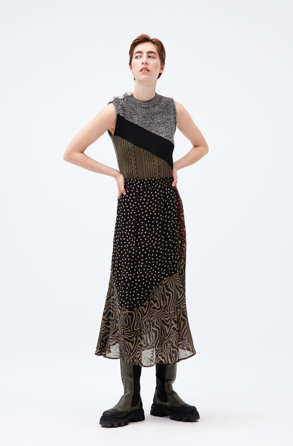 가니 스커트 Ganni Patchwork Georgette Midi Skirt,Multicolour