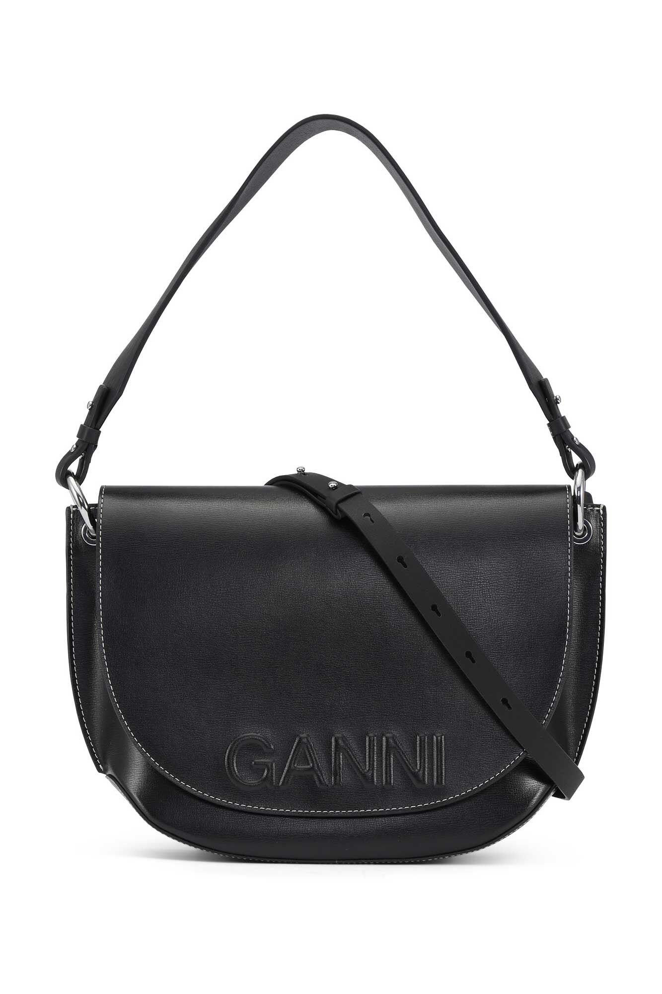 Banner Large Saddle Bag, Leather, in colour Black - 1 - GANNI