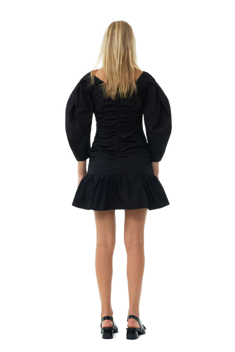 Black Cotton Poplin Gathered U-neck Mini-kjole, Cotton, in colour Black - 4 - GANNI
