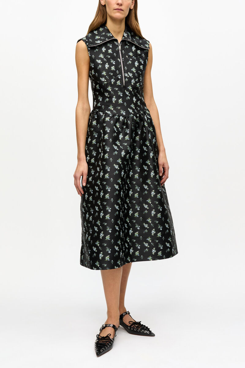Black Floral Jacquard Midi Dress, Recycled Polyester, in colour Black - 1 - GANNI