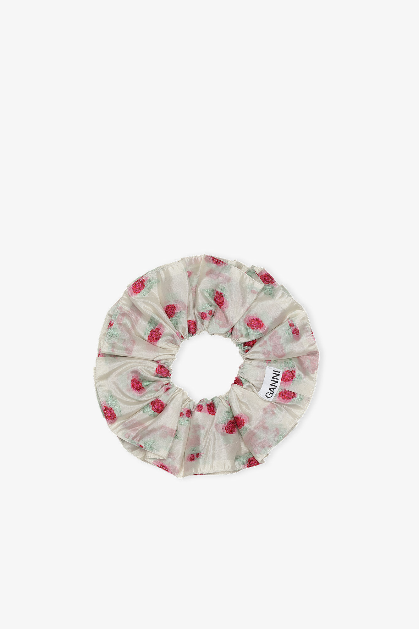 Floral Jacquard Ruffle Scrunchie, Polyester, in colour Tofu - 1 - GANNI