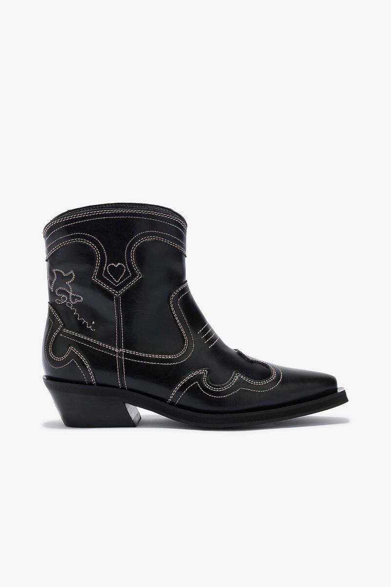 Low Shaft Embroidered Western Boots, in colour Black/Pink - 1 - GANNI