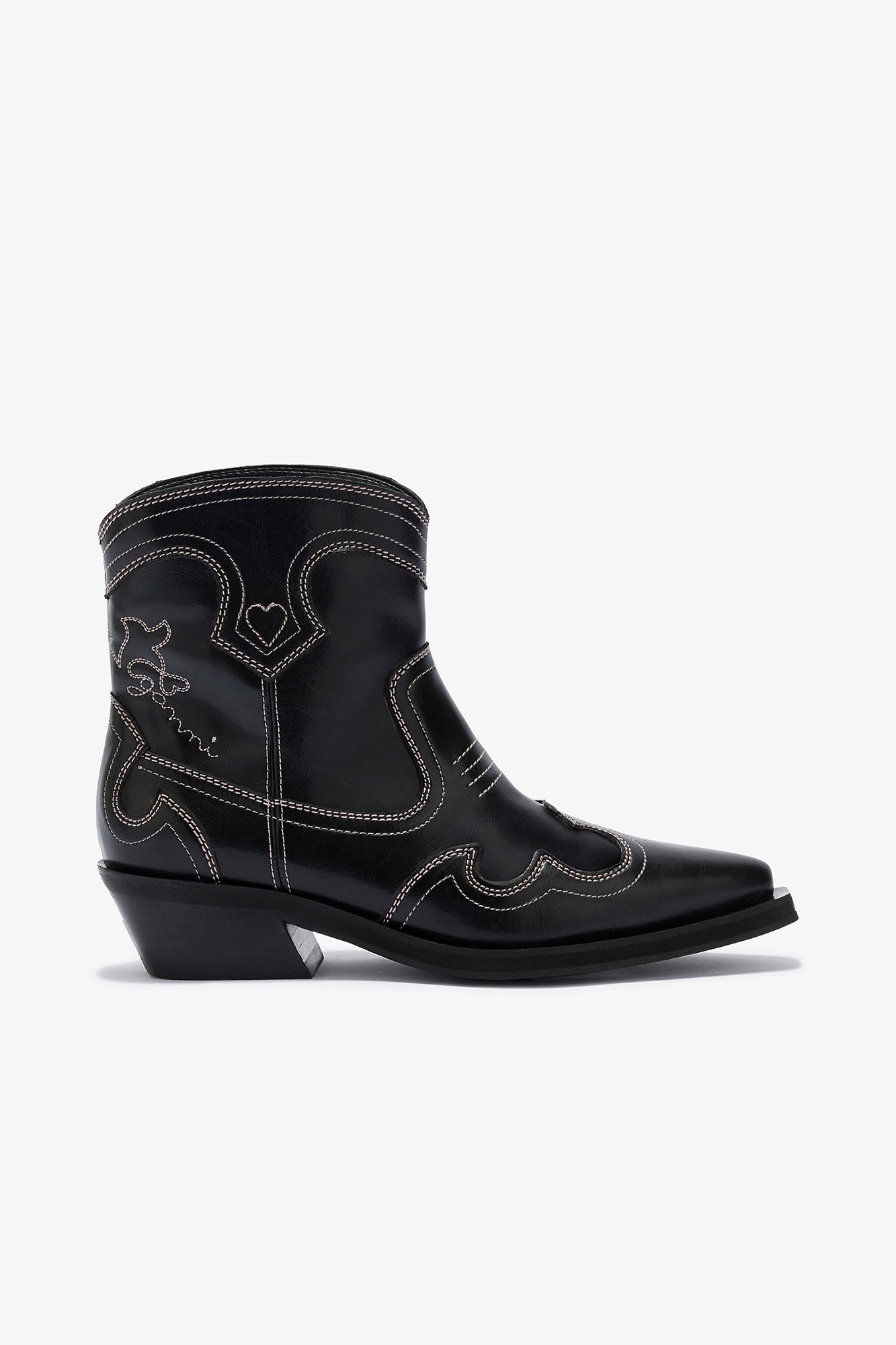 Low Shaft Embroidered Western Boots, in colour Black/Pink - 1 - GANNI