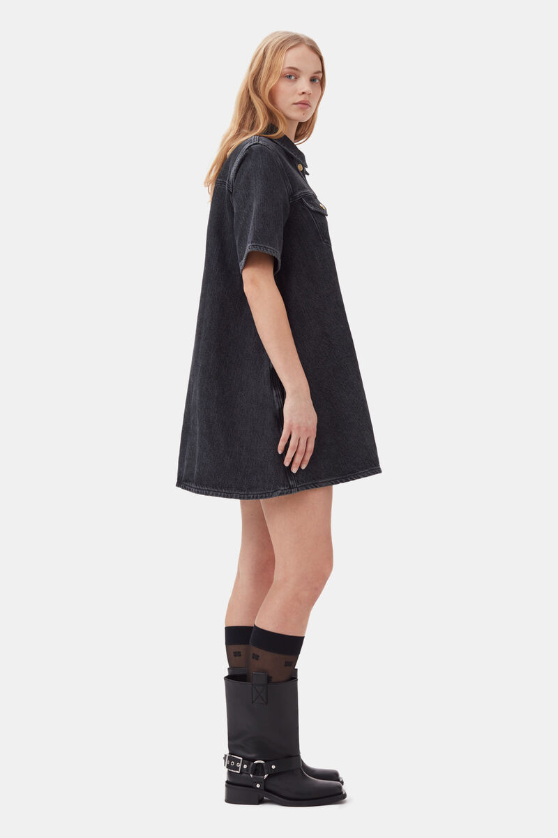 Washed Black Heavy Denim Mini Dress, Cotton, in colour Washed Black/Black - 3 - GANNI