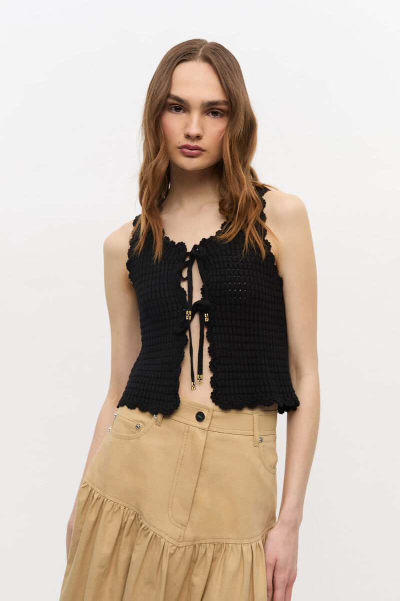 Black Textured Lace Knit Top, Cashmere, in colour Black - 1 - GANNI