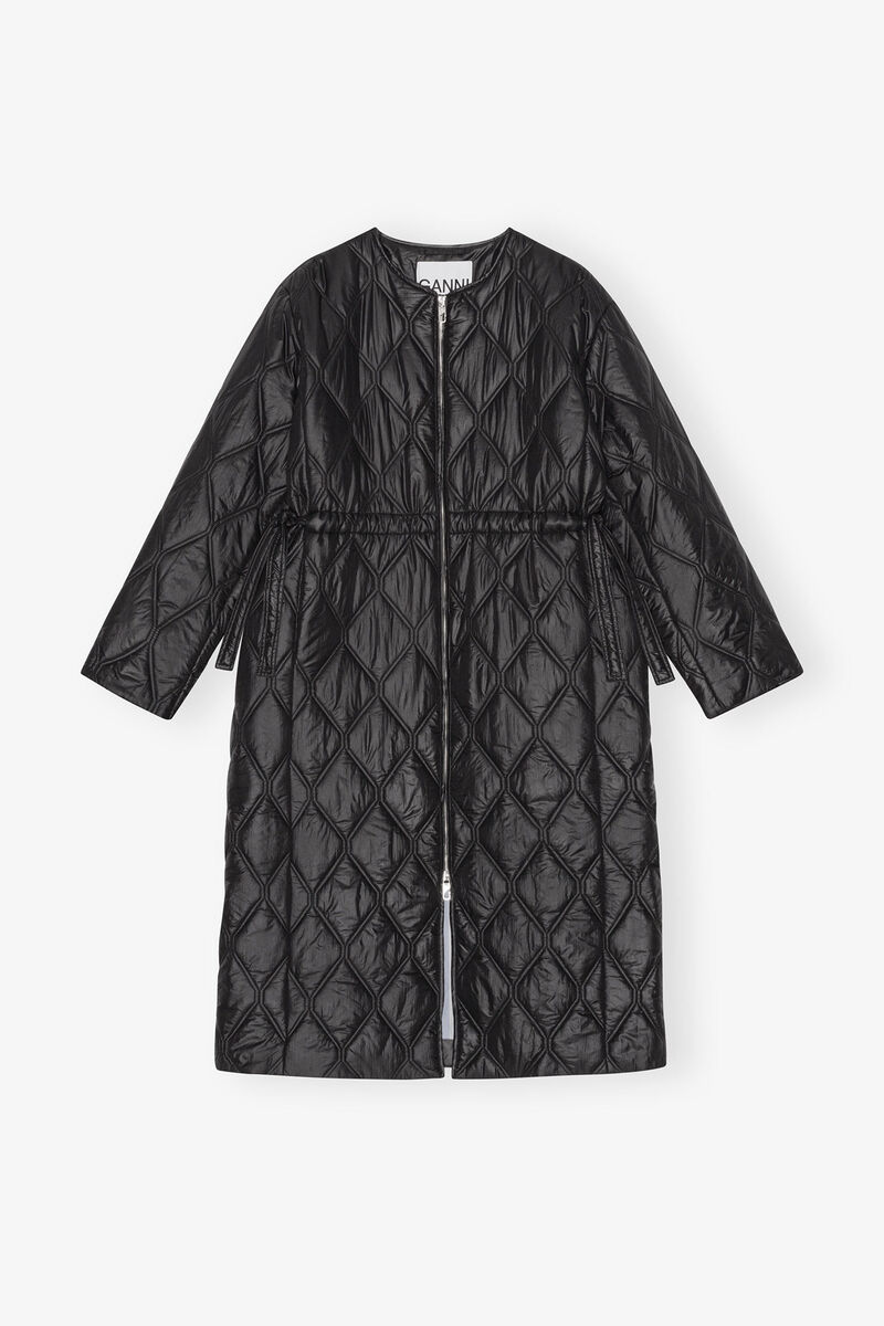 Black Shiny Quilt Long Coat, Nylon, in colour Black - 4 - GANNI