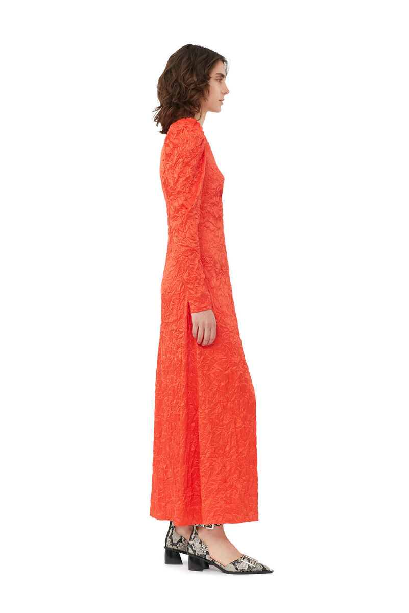 Red Crinkled Satin Long Dress, Elastane, in colour Grenadine - 2 - GANNI