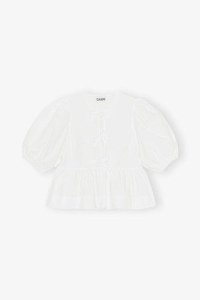 Cotton Poplin Peplum Tie Blouse, Bright White
