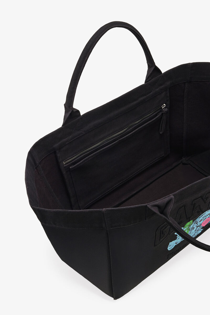 Sac fourre-tout XXL en toile noire à imprimé chiot, Recycled Cotton, in colour Phantom - 3 - GANNI
