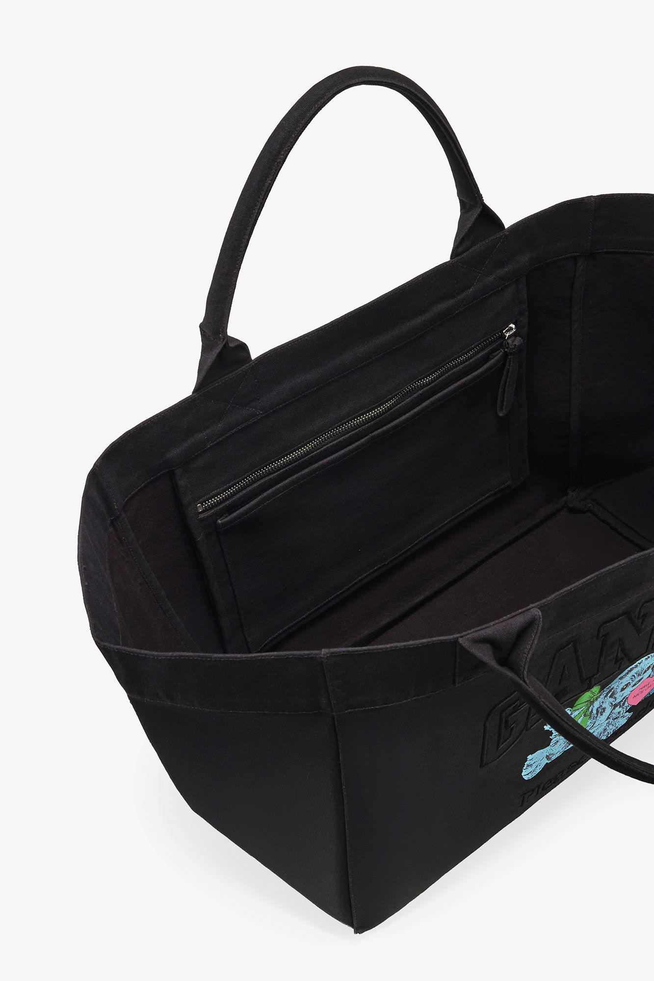 Black Puppy XXL Canvas Tote Bag, Recycled Cotton, in colour Phantom - 3 - GANNI