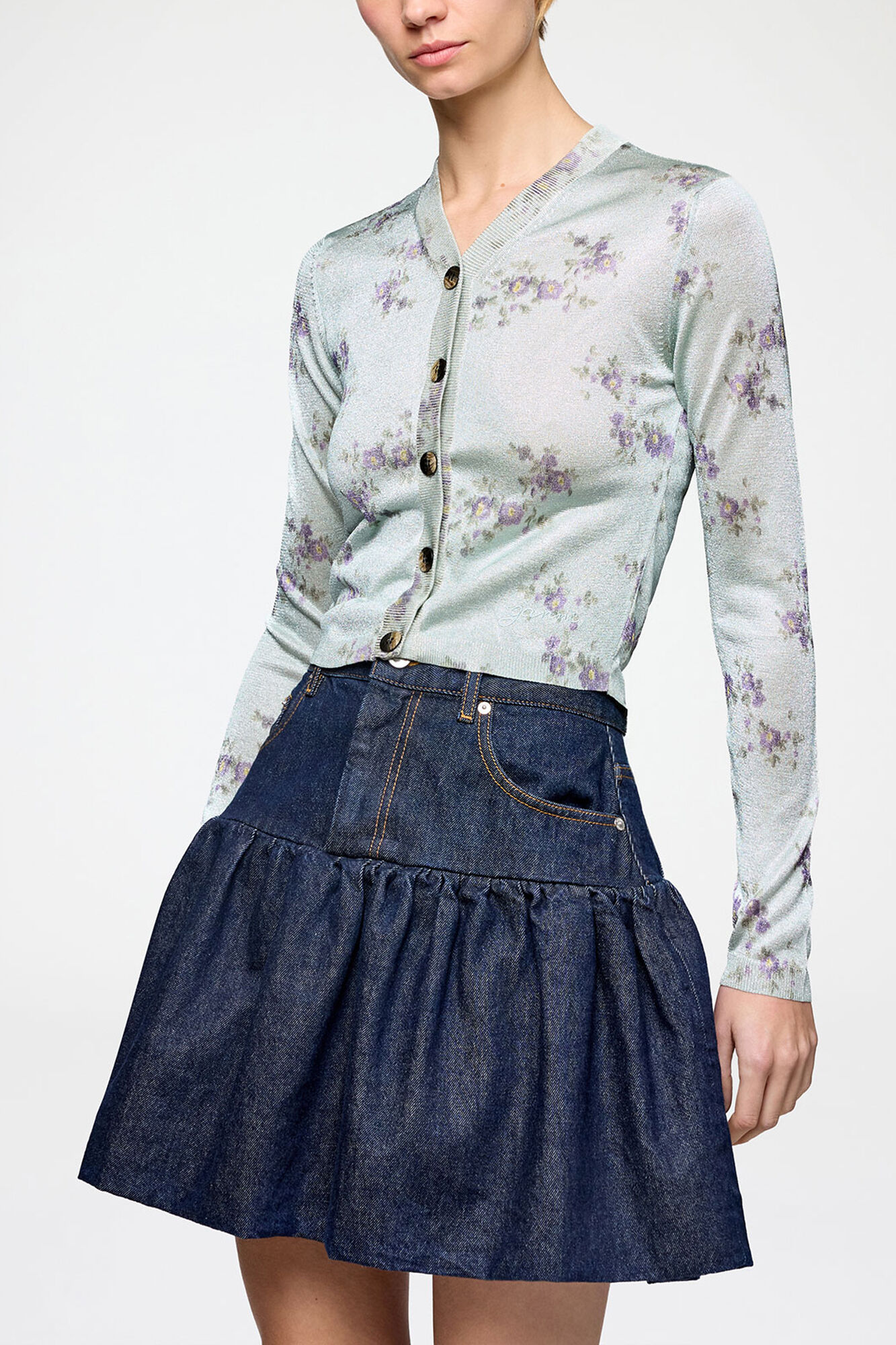 Cardigan in Metallic Print, Recycled Polyester, in colour Iced Aqua - 2 - GANNI