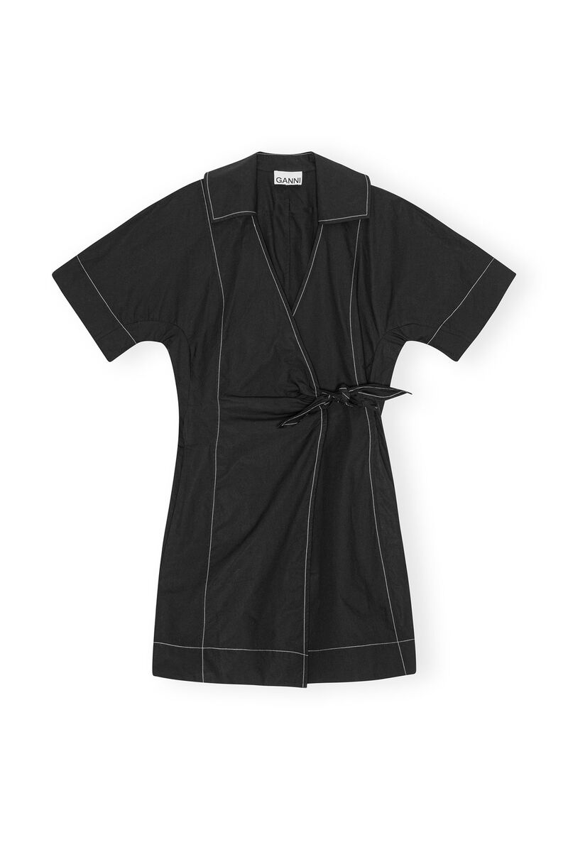 Black Cotton Poplin Wrap Minikleid, Cotton, in colour Black - 1 - GANNI