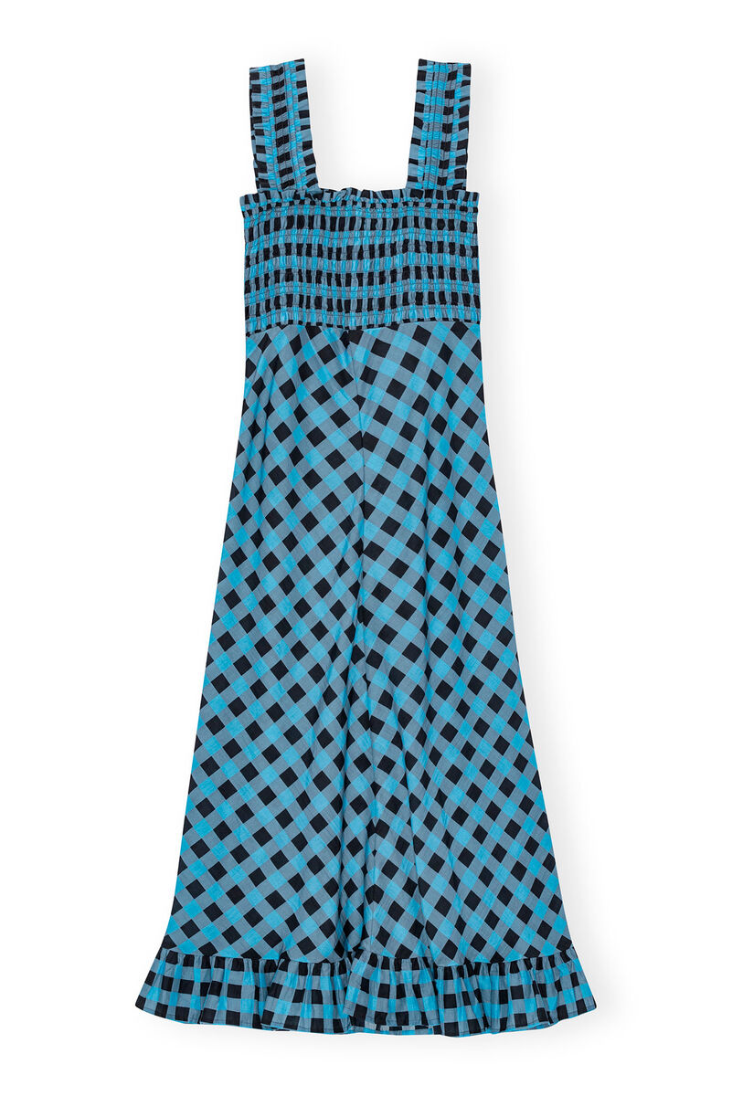 Checkered Cotton Silk Long Strap Dress, Cotton, in colour Alaskan Blue - 2 - GANNI
