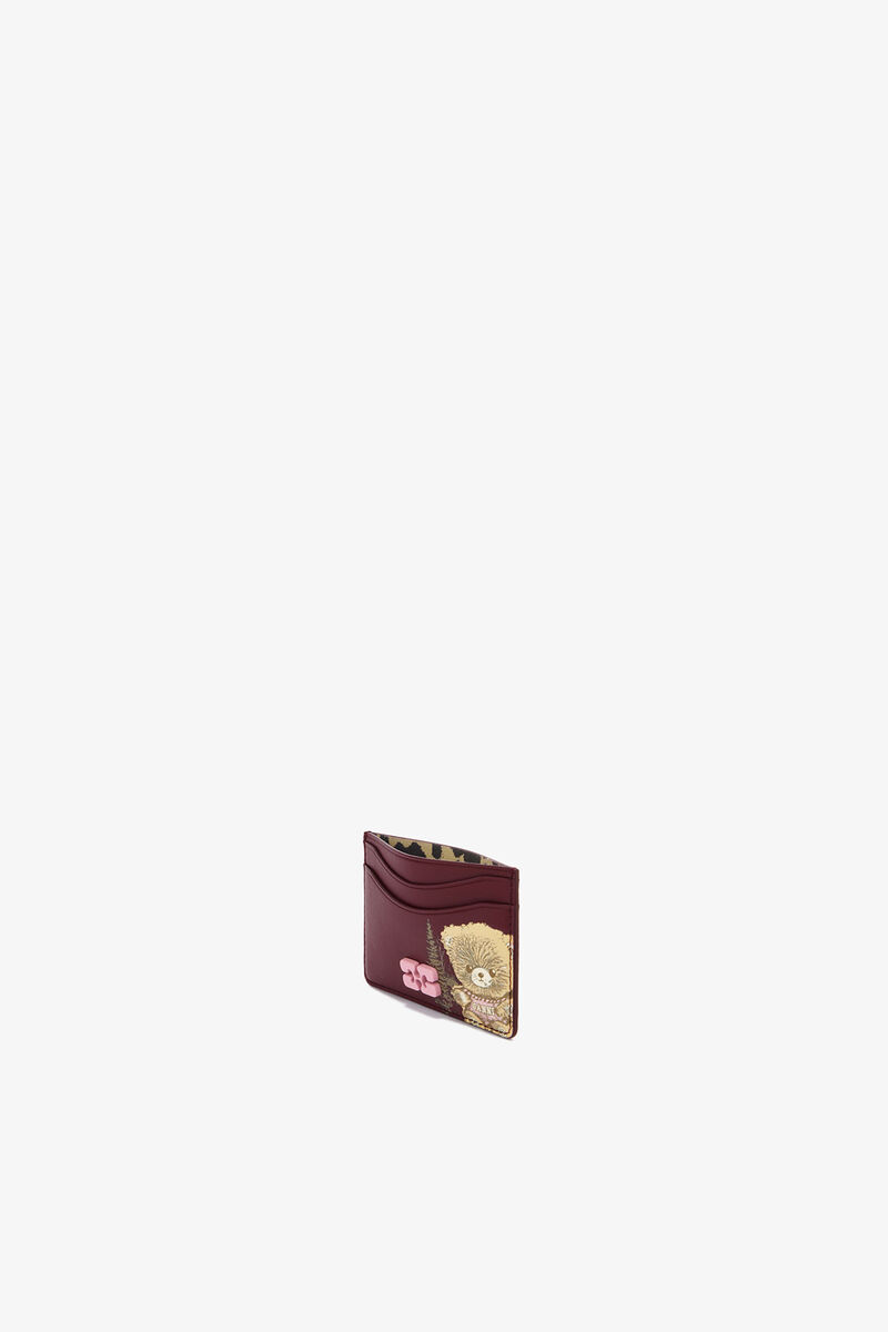 Bou Card Holder with Forest Teddy, Recycled Leather, in colour Burgundy - 3 - GANNI