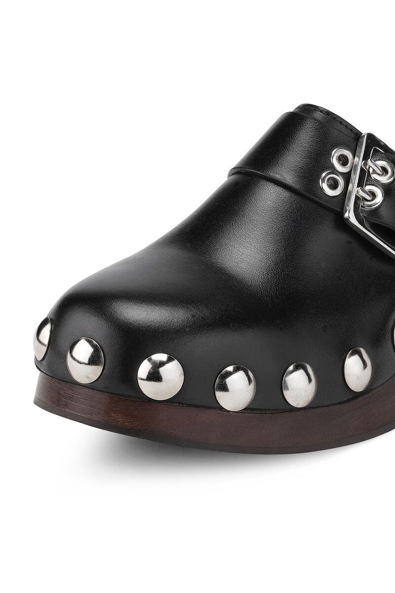 Klackskor i läder med nitar, Leather, in colour Black - 3 - GANNI