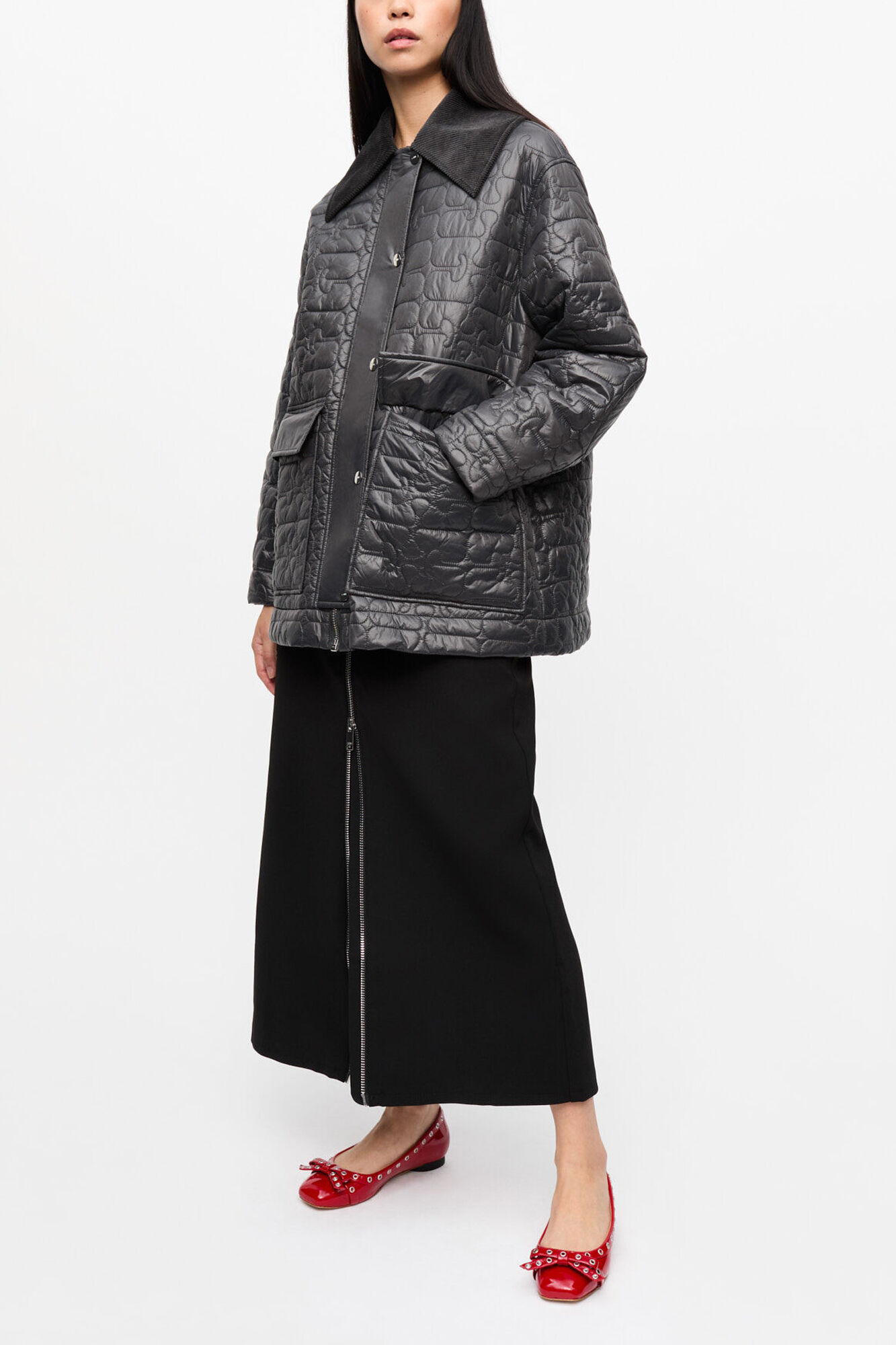 Black Shiny Quilt Midi Jacket | GANNI US