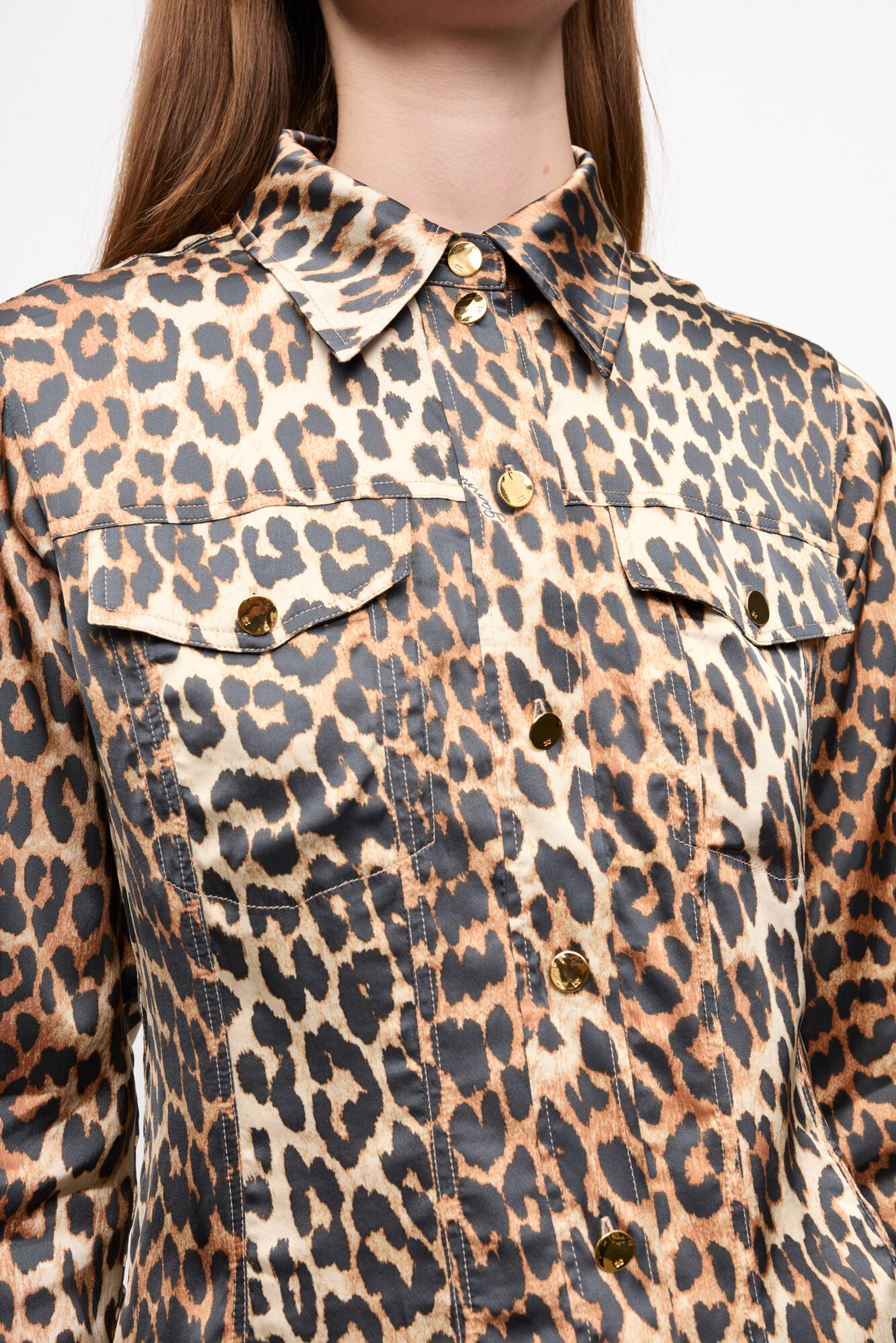 Leopard Print Satin Shirt, Spandex, in colour Leopard - 4 - GANNI