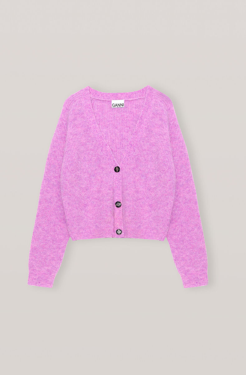 Soft Wool Knit Cardigan, Alpaca, in colour Pastel Lilac - 1 - GANNI