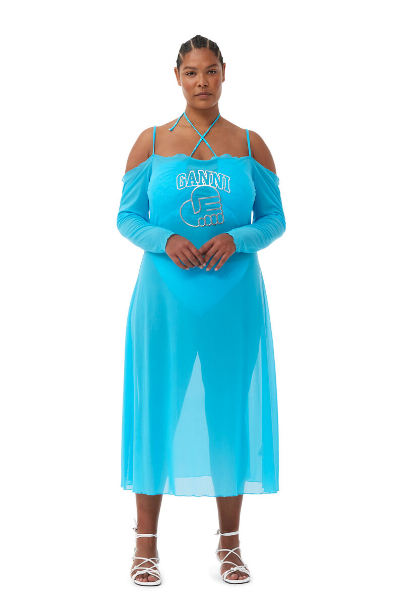GANNI X ESTER MANAS Mesh Off Shoulder Dress, Recycled Nylon, in colour Bachelor Blue - 1 - GANNI