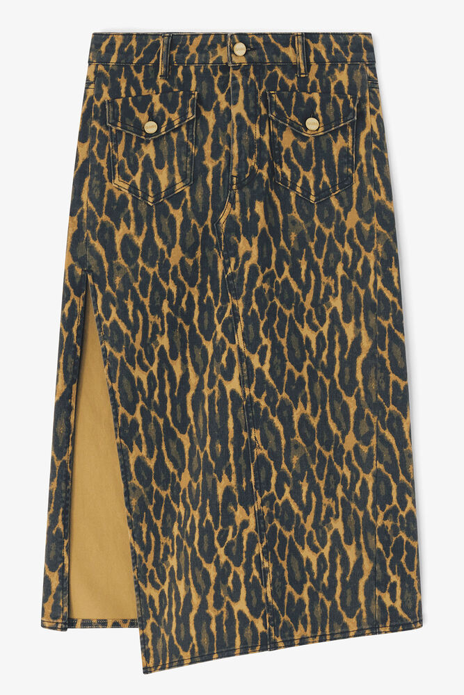 Leopard Print Denim Midi Skirt, Khaki