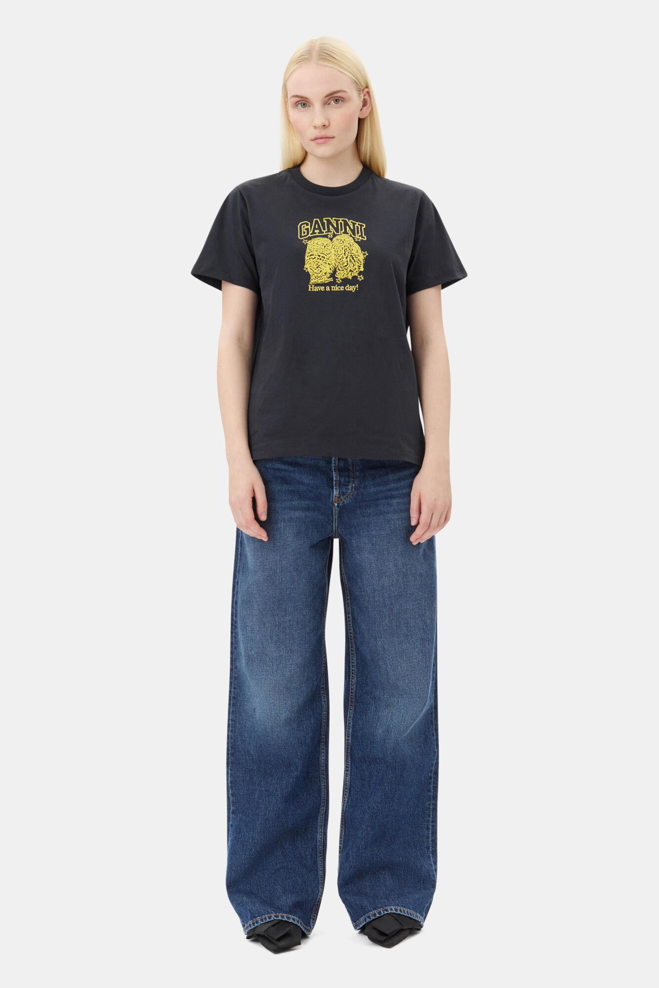 Black Basic Jersey Owls Relaxed T-shirt, Cotton, in colour Phantom - 2 - GANNI