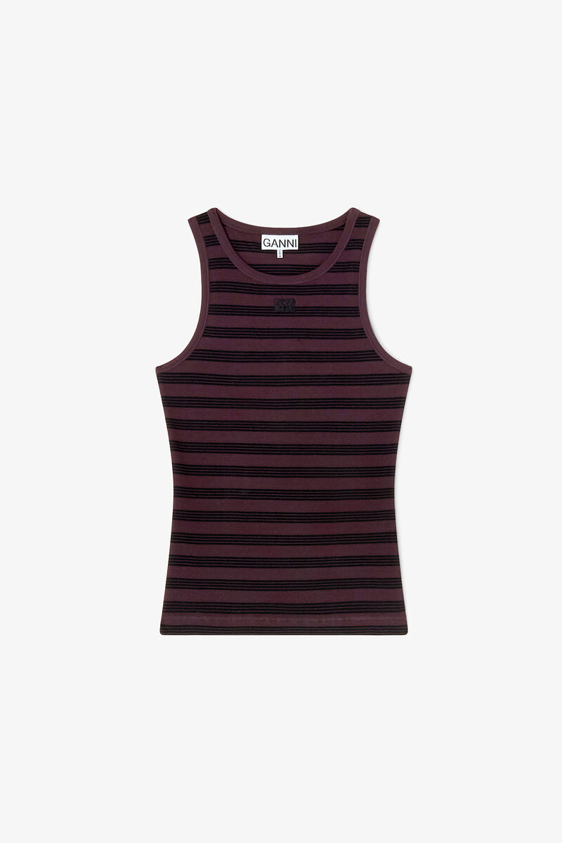 Stripe Rib Tank Top, Organic Cotton, in colour Chocolate Plum - 1 - GANNI