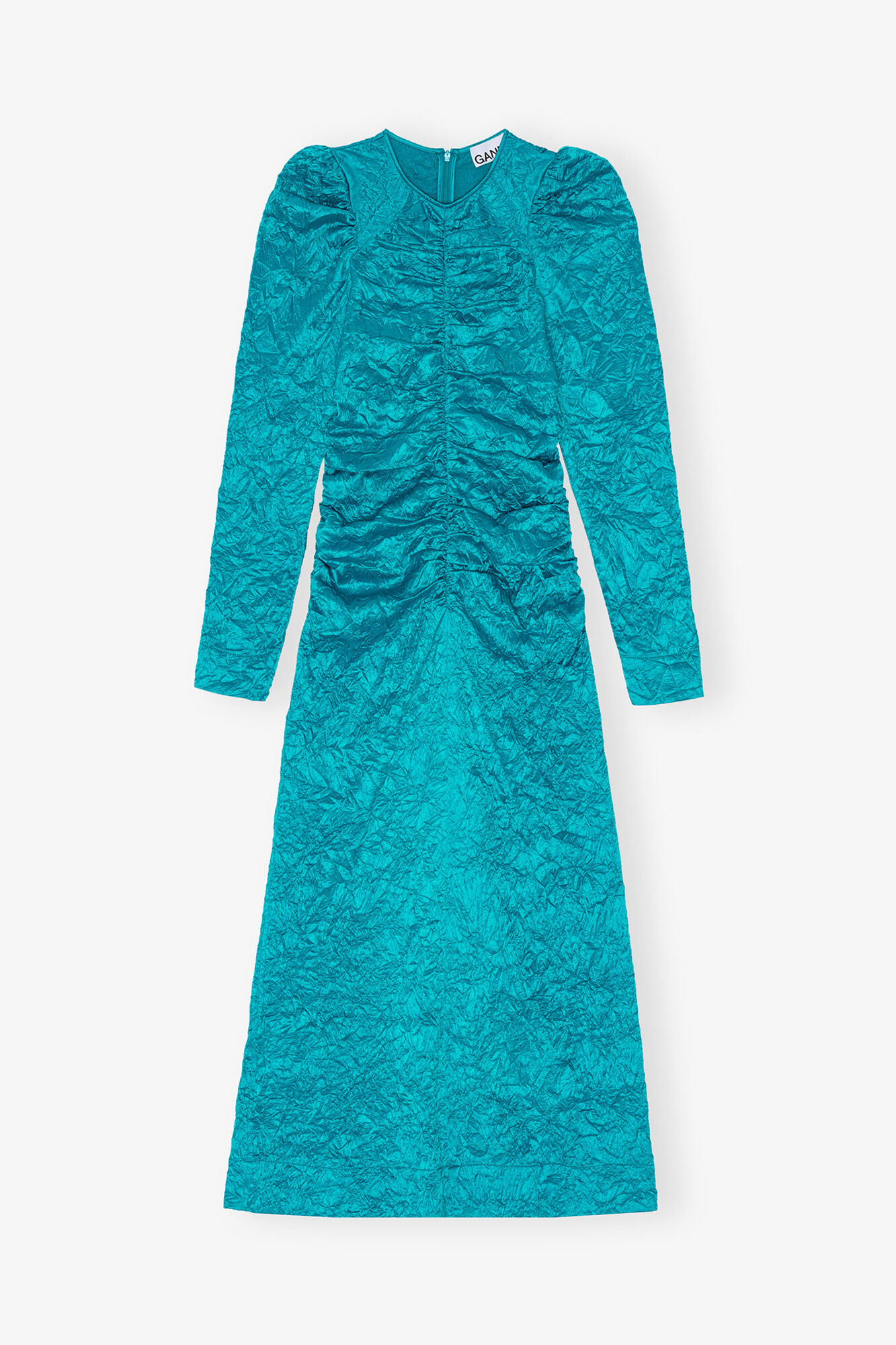 Blue Crinkled Satin O-Neck Midi Dress, Recycled Polyester, in colour Algiers Blue - 1 - GANNI