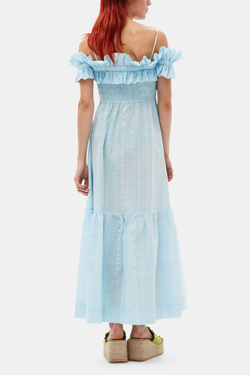Seersucker Check Smock Maxi Dress, Organic Cotton, in colour Ice Water - 2 - GANNI