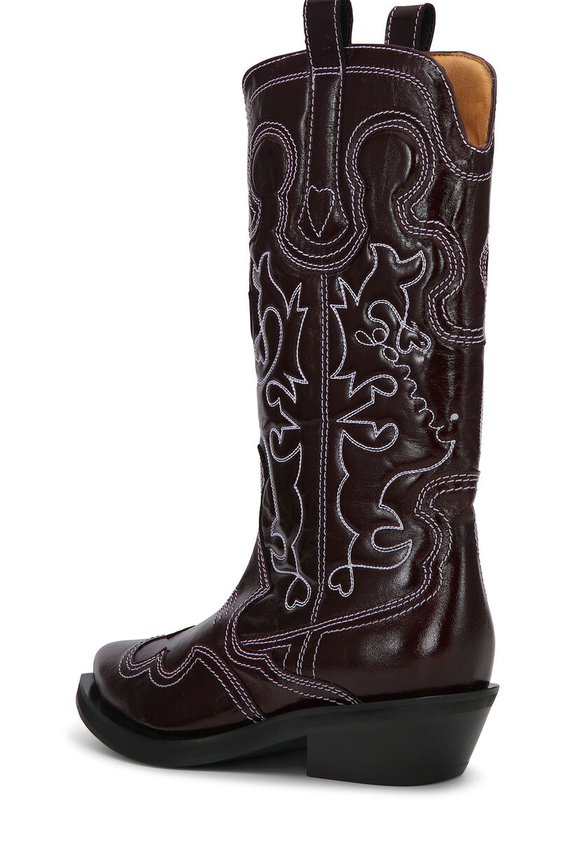 Burgundy Mid Shaft Embroidered Western Boots, Polyester, in colour Burgundy - 3 - GANNI