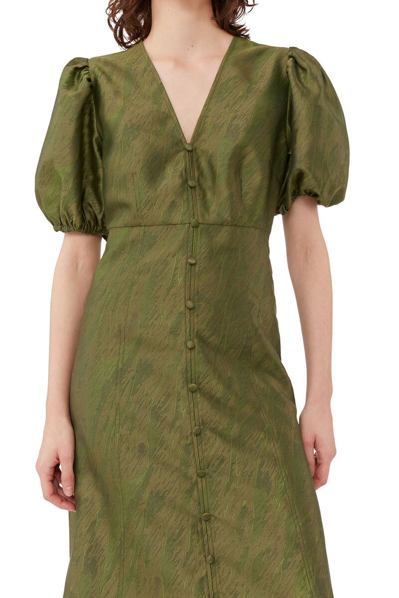 Shiny Jacquard V-neck Midi Dress, Polyester, in colour Avocado - 4 - GANNI