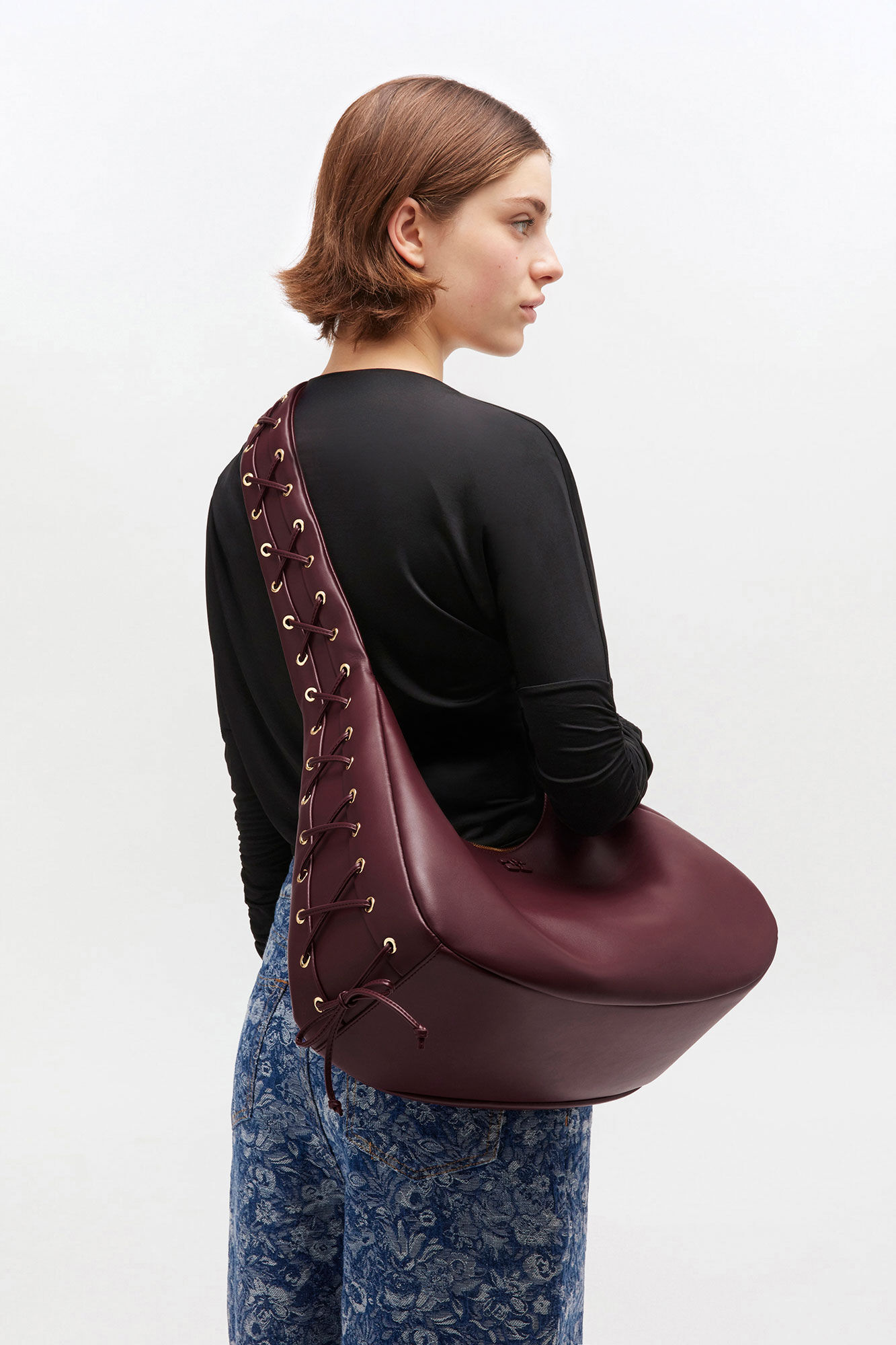 Burgundy Medium Laces Hobo Bag, Recycled Leather, in colour Burgundy - 1 - GANNI