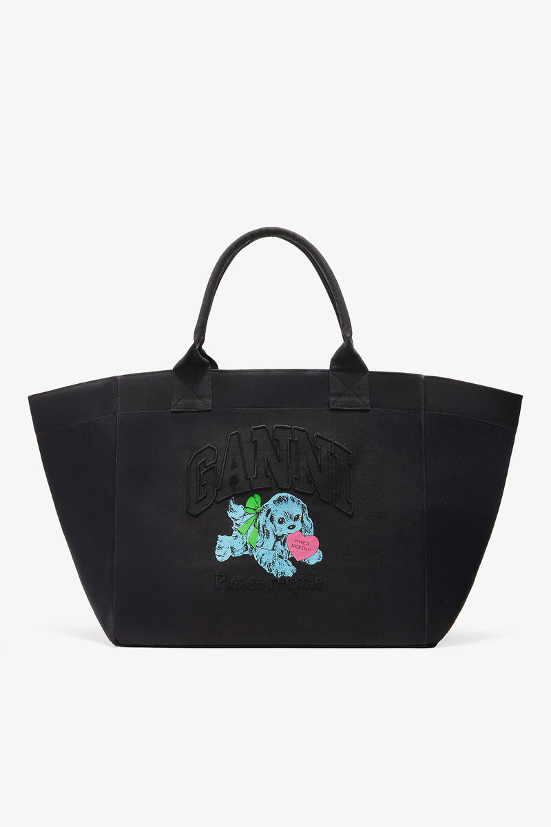 Black Puppy XXL Tote, Recycled Cotton, in colour Phantom - 1 - GANNI