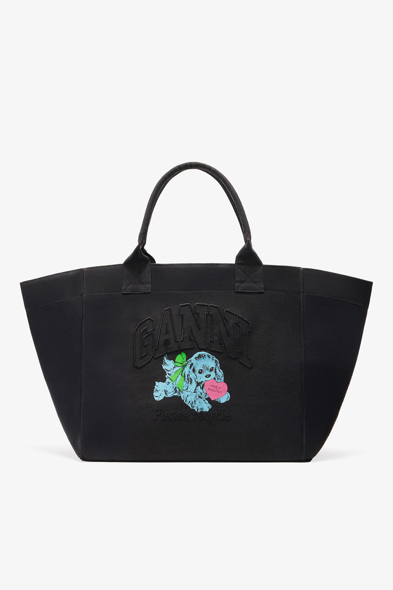Black Puppy XXL Tote, Recycled Cotton, in colour Phantom - 1 - GANNI