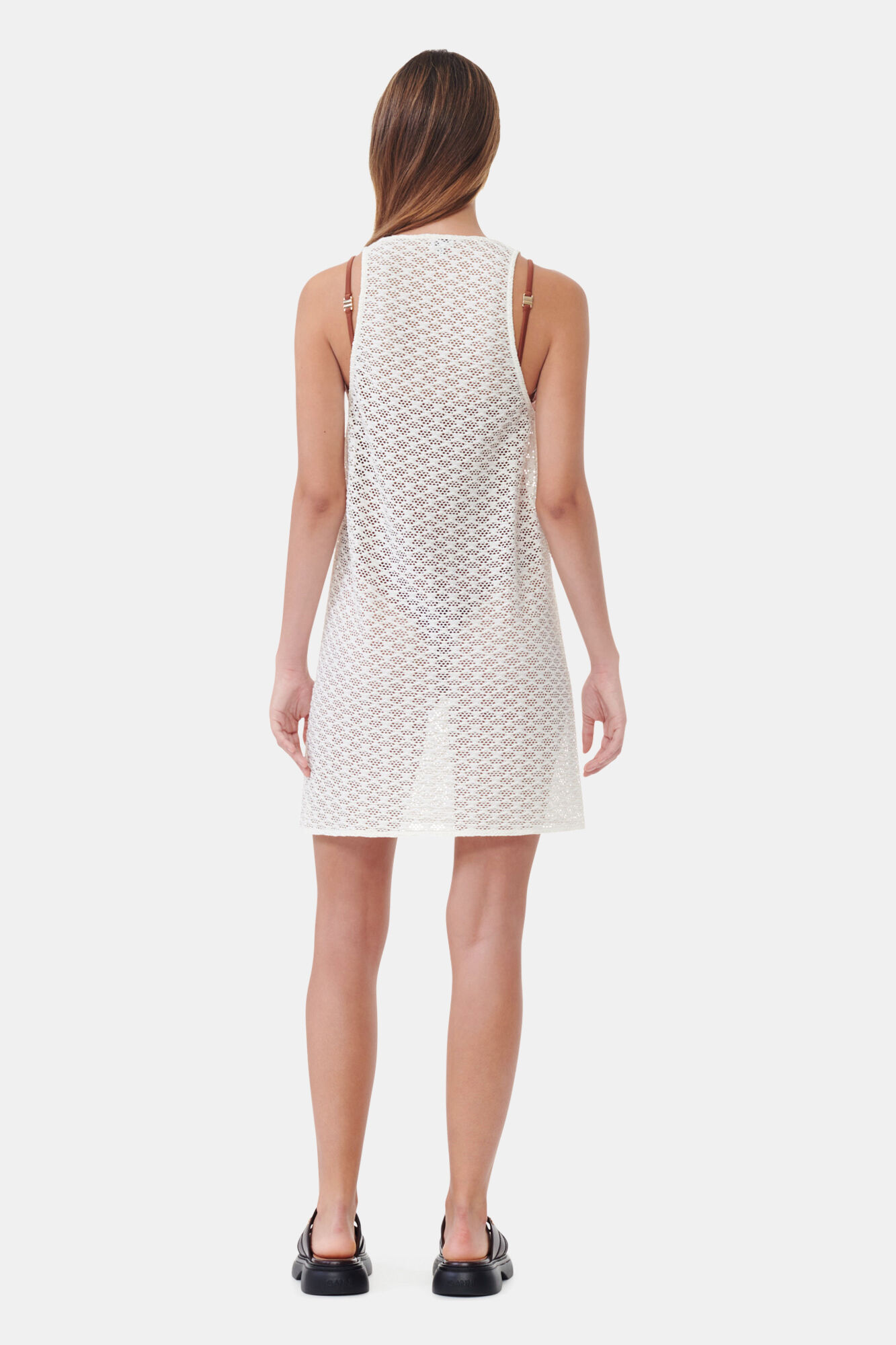 White Mesh Lace Mini Dress, Elastane, in colour Egret - 4 - GANNI