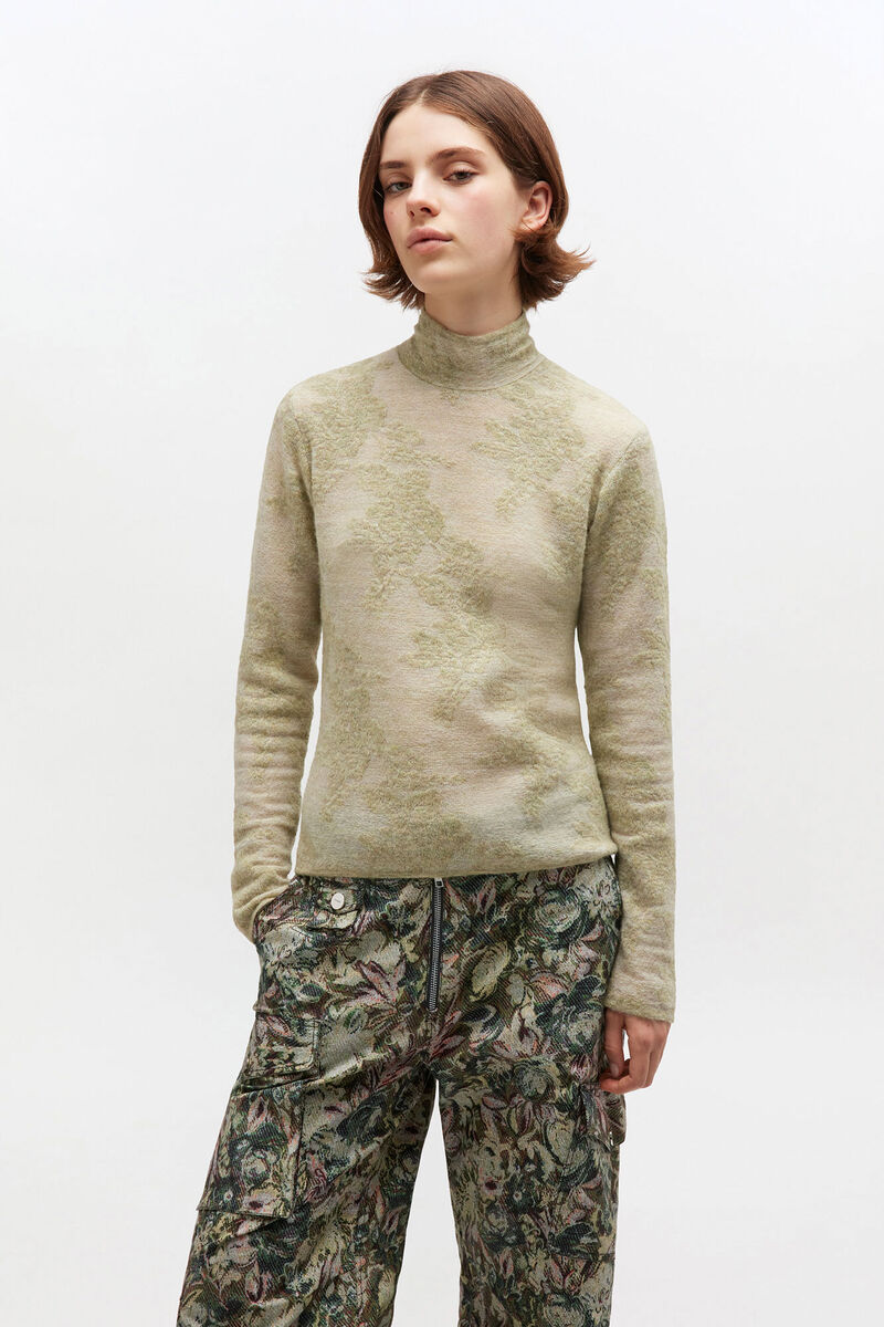 Green Sheer Turtleneck, Alpaca, in colour Olive Night - 1 - GANNI