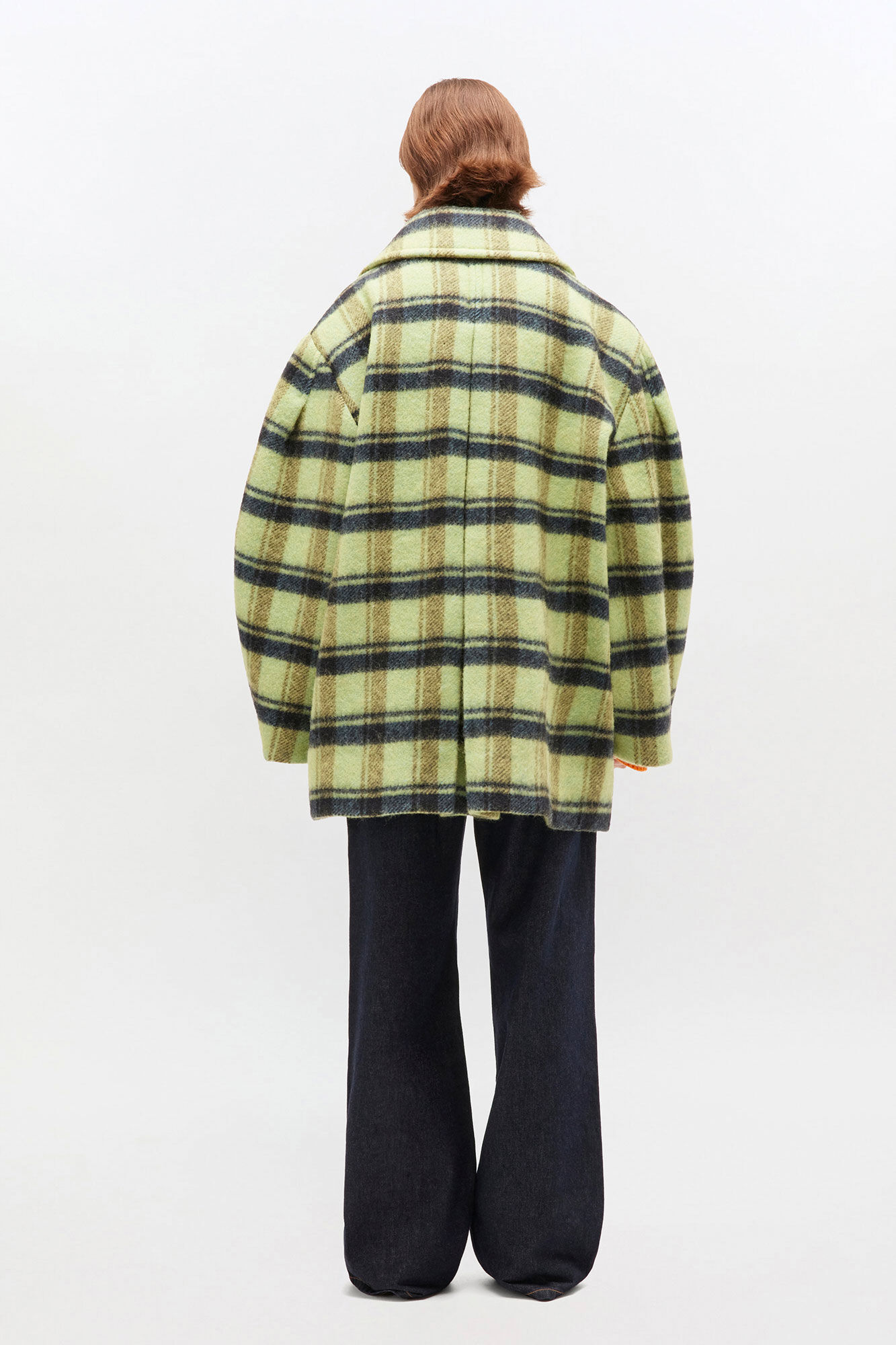 Brushed Wool Check Midi Coat, Wool, in colour Lime Sherbet - 2 - GANNI