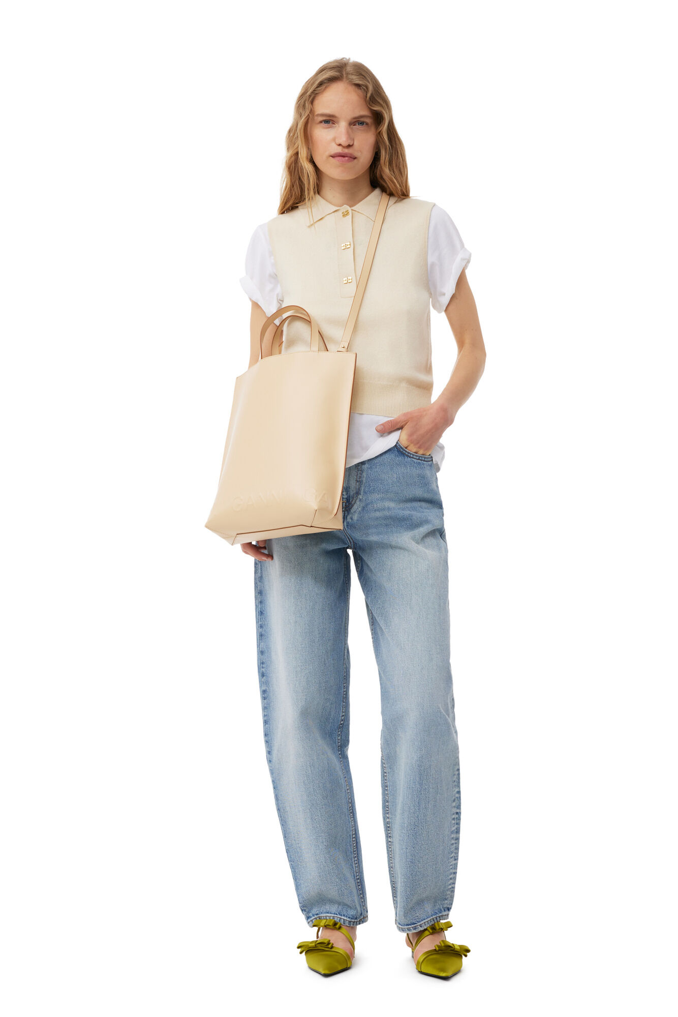 Cream Medium Banner Tote Bag, Polyester, in colour Buttercream - 1 - GANNI
