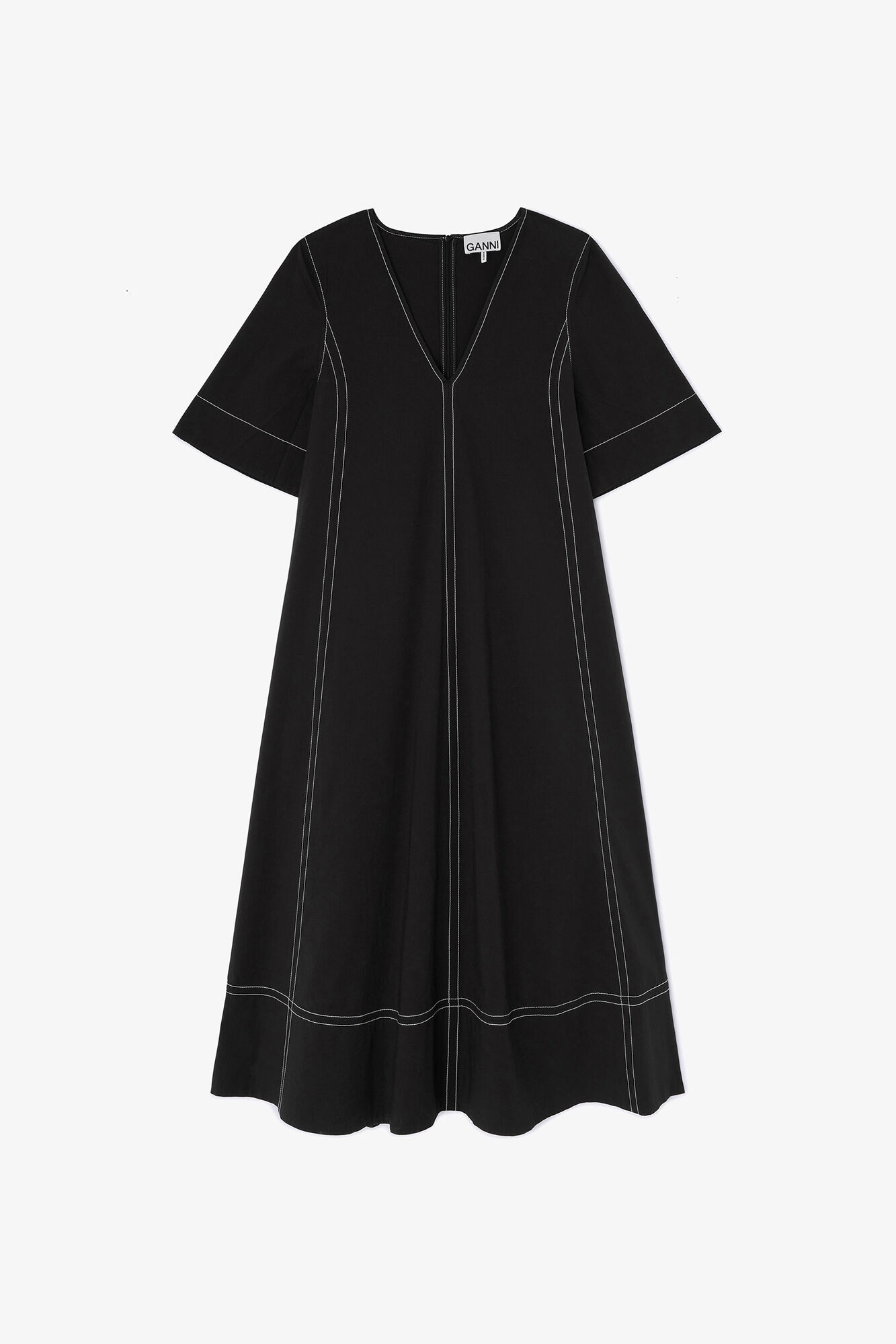 Black Cotton A-line Dress, Organic Cotton, in colour Black - 1 - GANNI