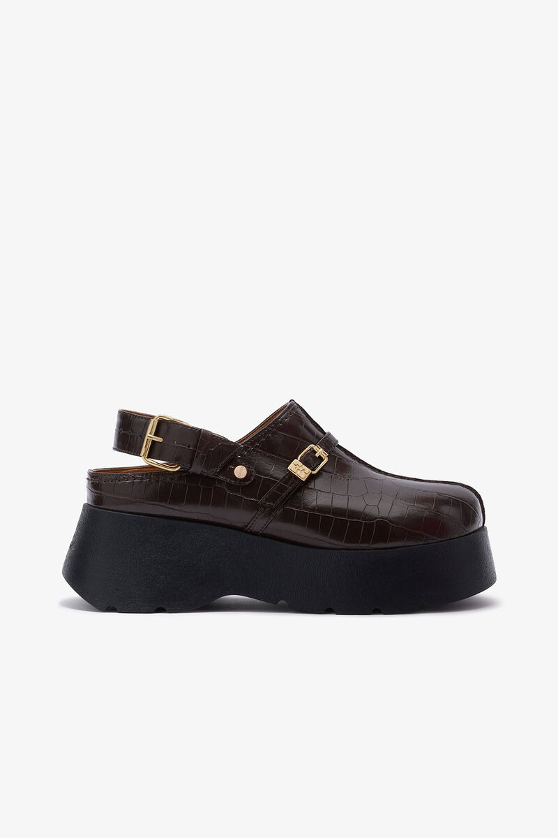 Brown Croco Platform Clogs, Recycled Leather, in colour Chocolate Fondant - 1 - GANNI