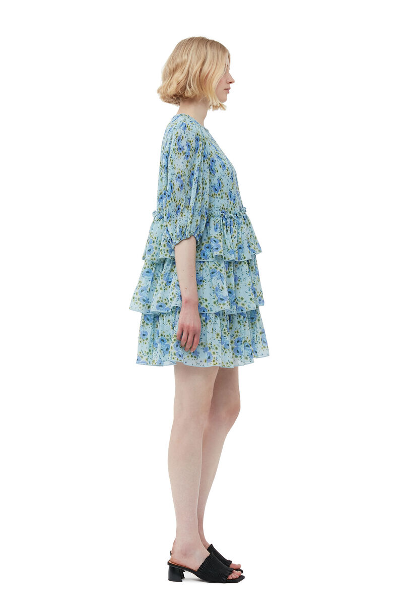 Pleated Georgette Mini Dress, Recycled Polyester, in colour Ice Water - 3 - GANNI