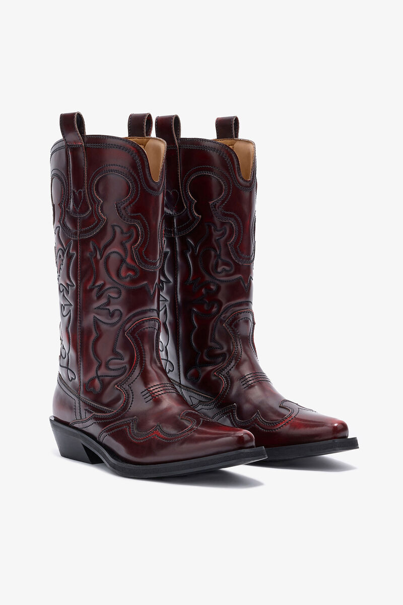 Mid Shaft Embroidered Western Boots in Burgundy, Recycled Leather, in colour Black/Dark Burgundy - 2 - GANNI