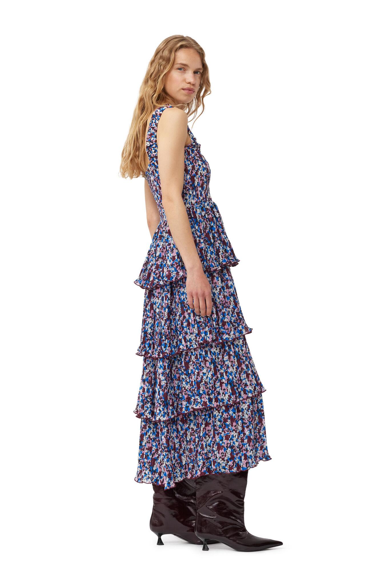 Multicolour Pleated Georgette Flounce Smock Midi Dress, Recycled Polyester, in colour Multicolour - 3 - GANNI