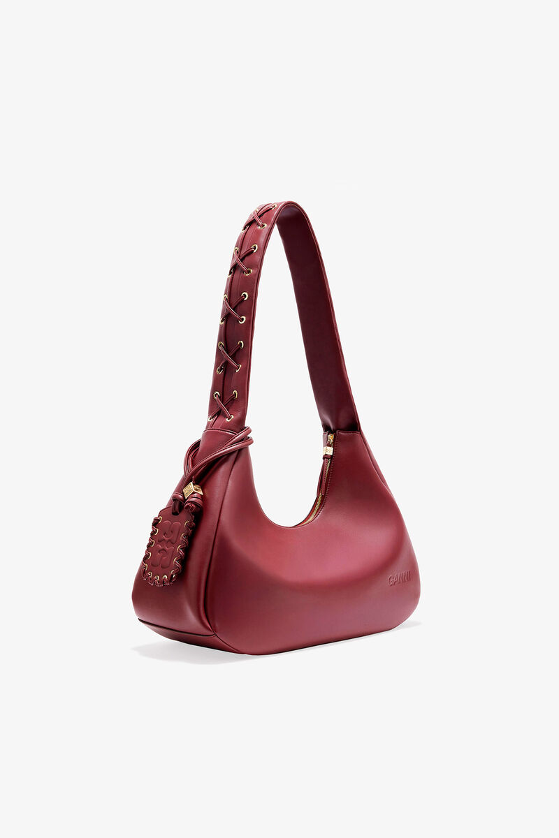 Burgunderrote mittelgro&szlig;e Hobo-Tasche mit Schn&uuml;rsenkeln, Recycled Leather, in colour Burgundy - 2 - GANNI