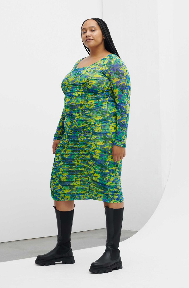 Ruched Mesh Midi Dress, Nylon, in colour Sulphur Spring - 1 - GANNI
