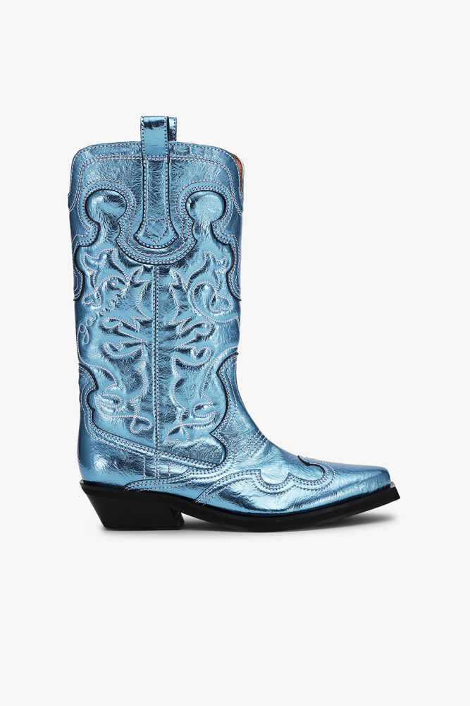 Blue Metallic Mid Shaft Embroidered Western Boots, Blue Curacao