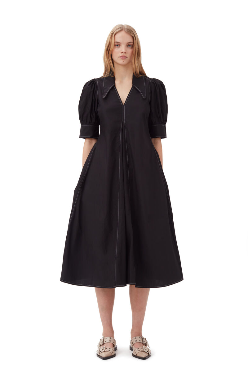Cotton Poplin V-Neck Midi Dress, Cotton, in colour Black - 1 - GANNI